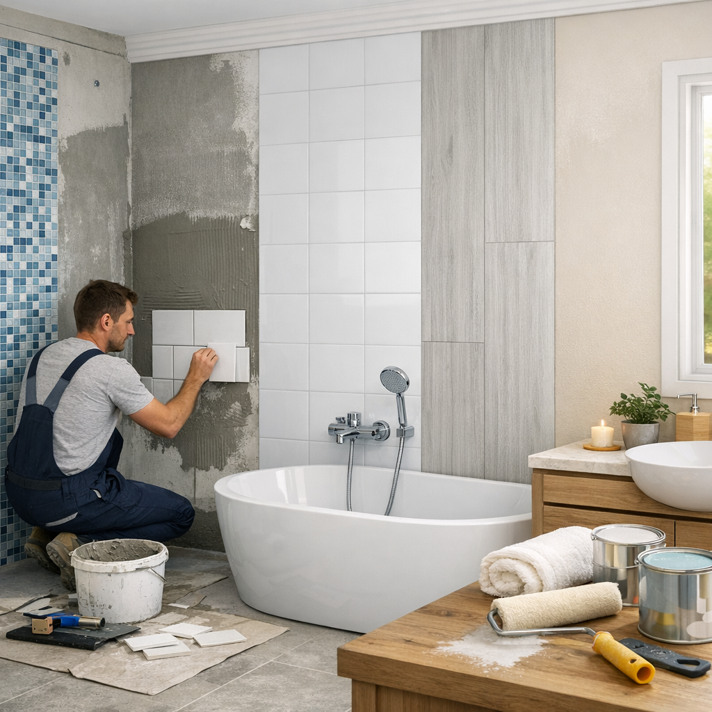 A man in overalls is installing white tiles on a bathroom wall beside a freestanding bathtub and a table with renovation tools.