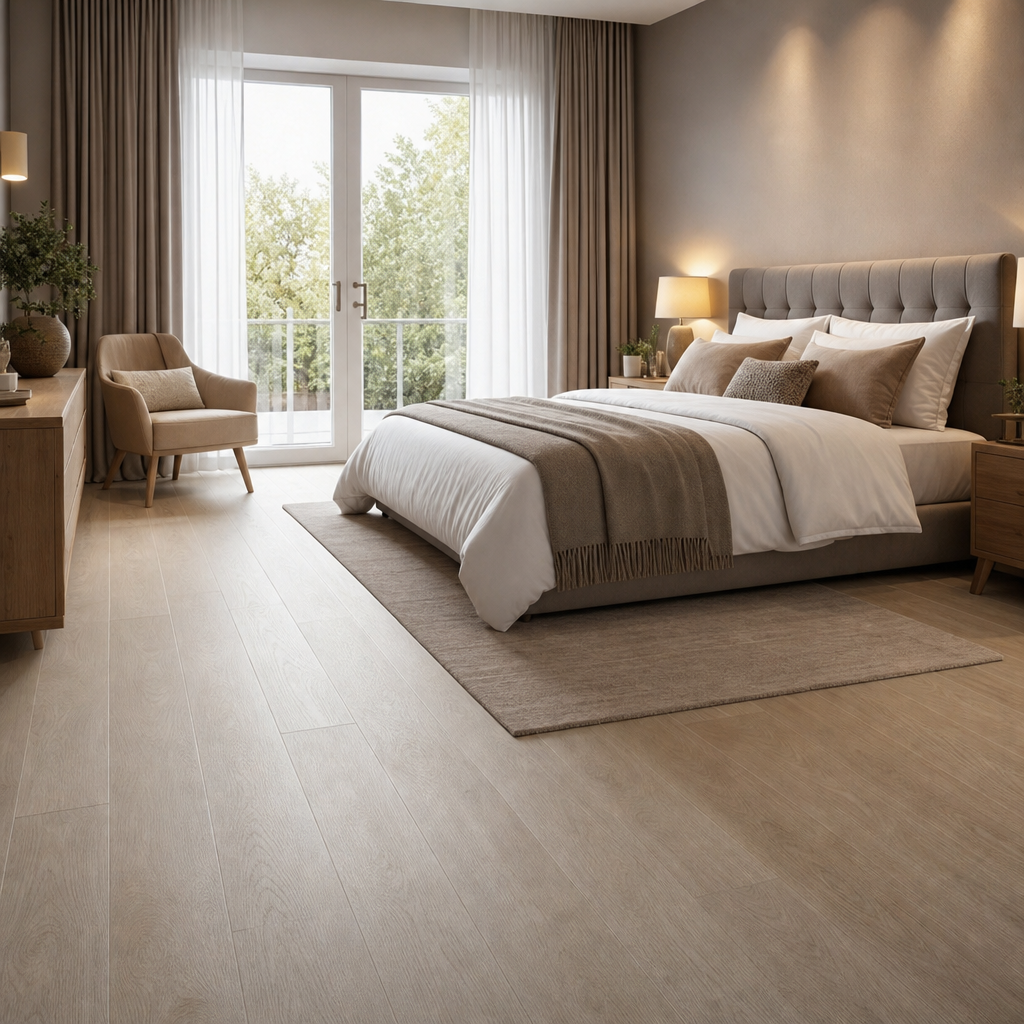 A modern, neutral-toned bedroom featuring a large bed, wooden furniture, and a balcony with views of greenery.