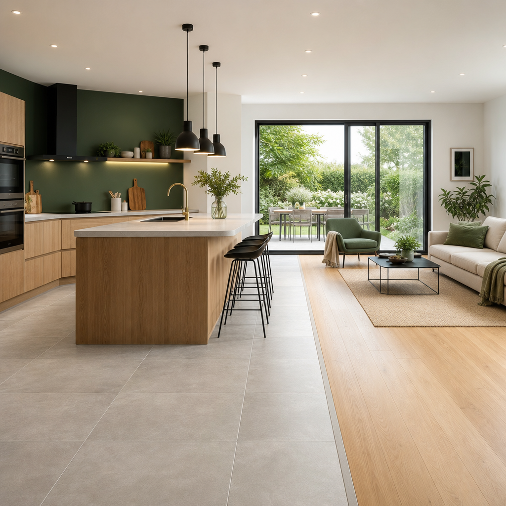 A modern kitchen with wooden cabinetry, a marble island, and a dining area visible through a large glass door leading to an outdoor patio.