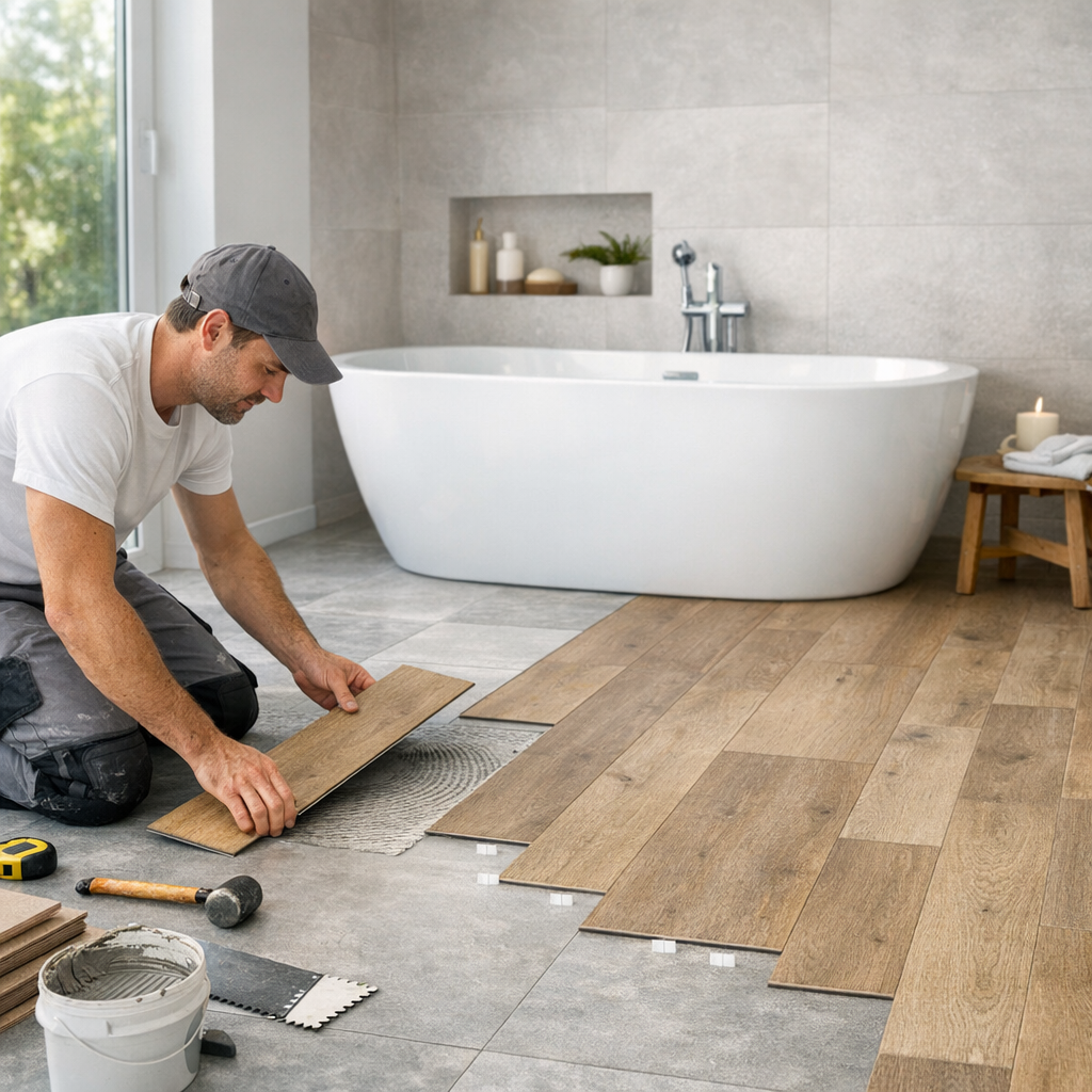 A man is installing wooden floor planks in a modern bathroom with a freestanding tub in the background.
