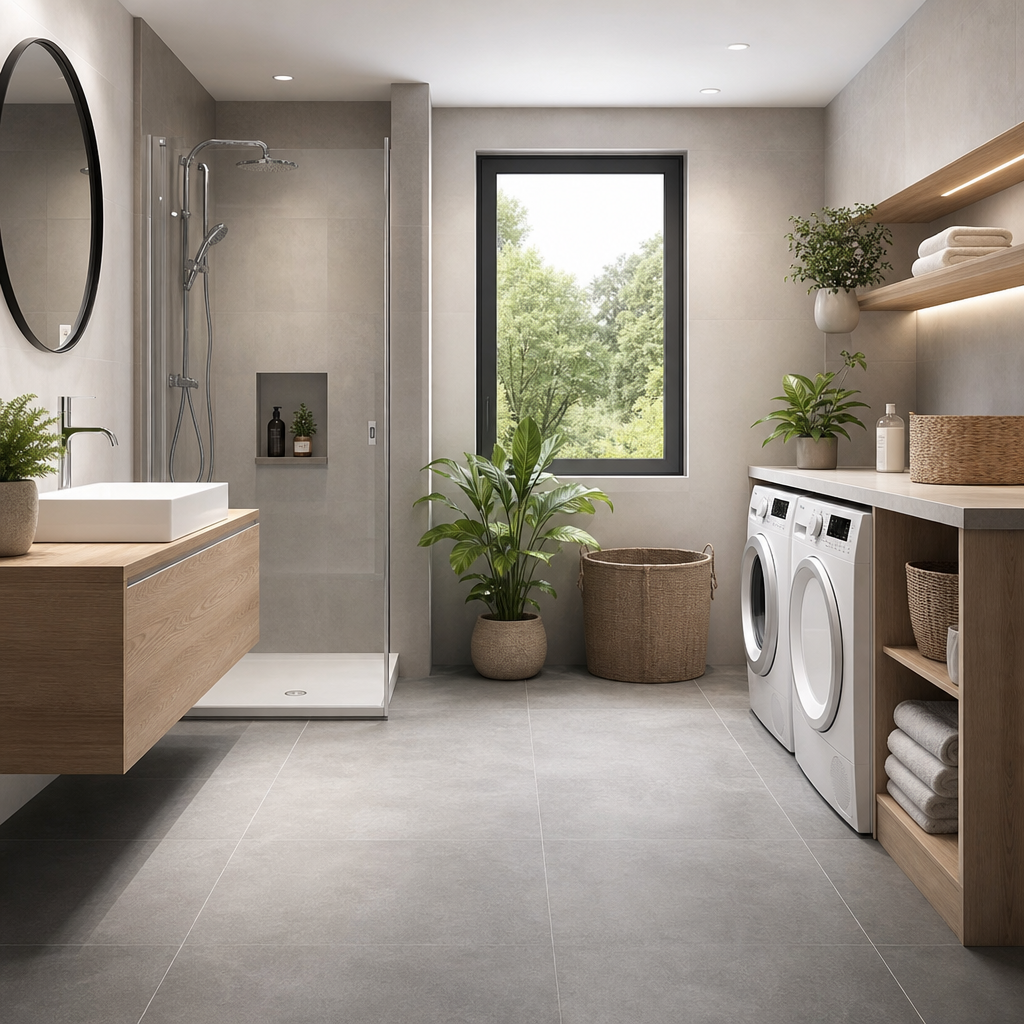 A modern bathroom featuring a glass shower, a wooden vanity with a rectangular sink, a washing machine, and green plants by a window.