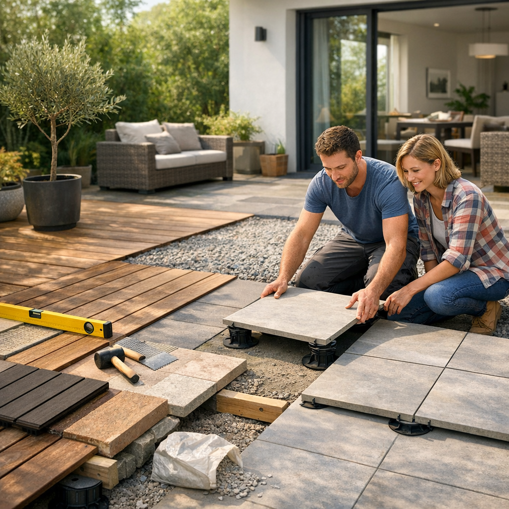 A man and a woman are installing patio tiles together outdoors, with tools and wood planks visible nearby.