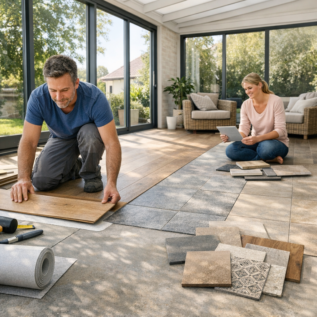 A man kneels on the floor laying wooden tiles while a woman sits nearby, looking at samples of flooring materials on her tablet.
