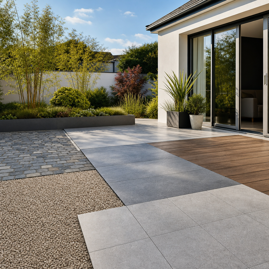 A modern outdoor patio features a mix of gray tiles, wooden planks, and gravel, bordered by lush greenery and a glass sliding door.