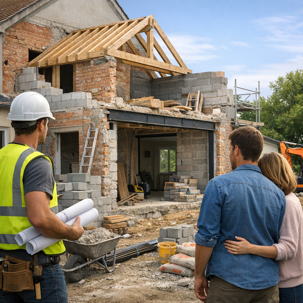 A construction worker in a hard hat and reflective vest stands with blueprints, while a couple observes the partially built home with wooden framing and exposed brick walls.