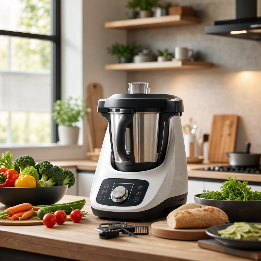 A modern kitchen featuring a sleek food processor on the countertop, surrounded by fresh vegetables, herbs, and a loaf of bread.