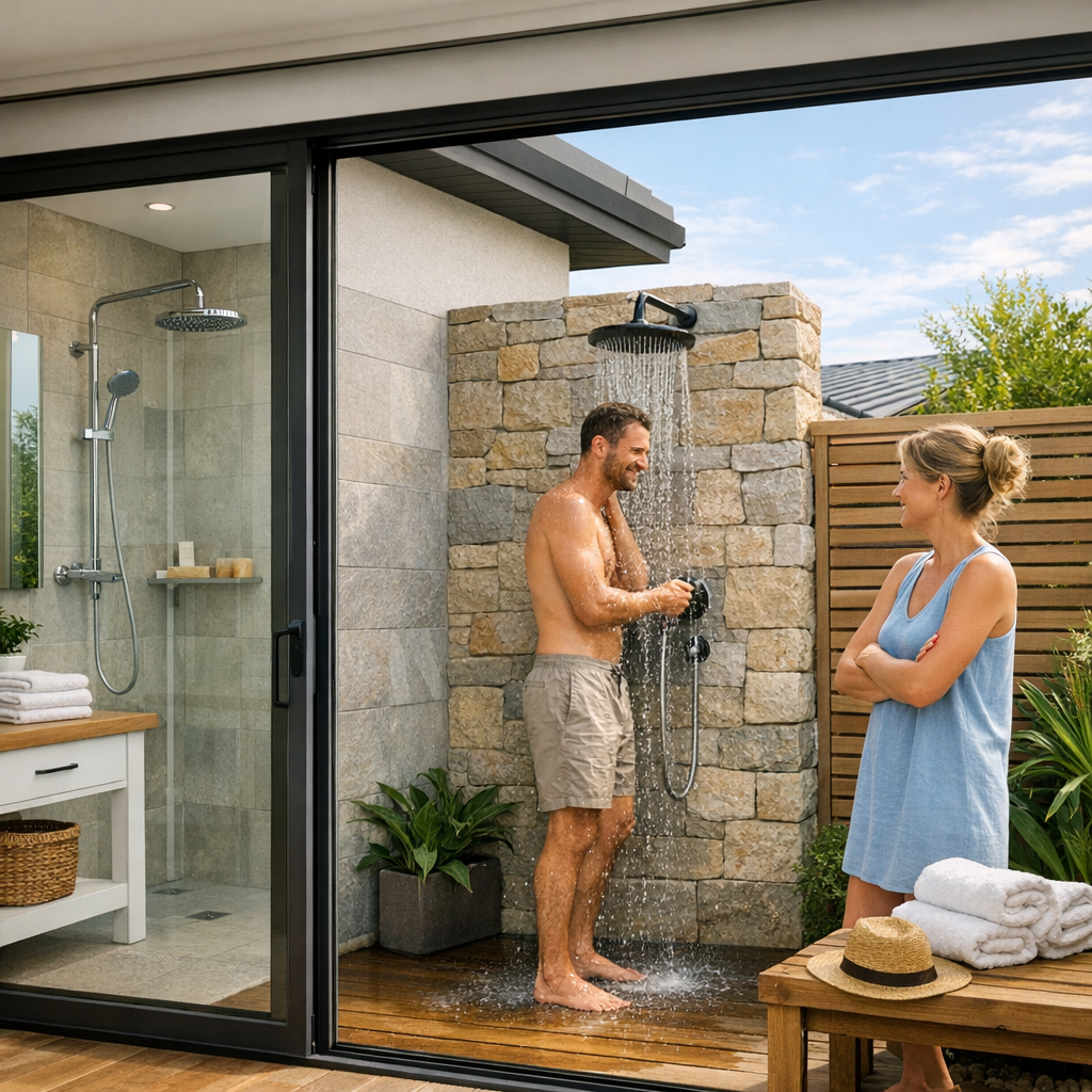 A man is showering outdoors while a woman stands nearby, smiling, in a modern bathroom setting with stone walls and plants.