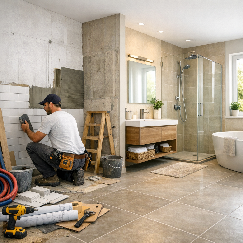 A construction worker tiles a bathroom wall while tools and materials are scattered nearby.