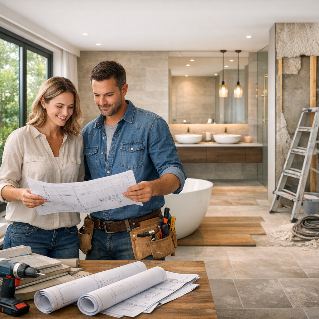 A couple examines blueprints in a modern bathroom renovation space with construction tools and materials on the table.