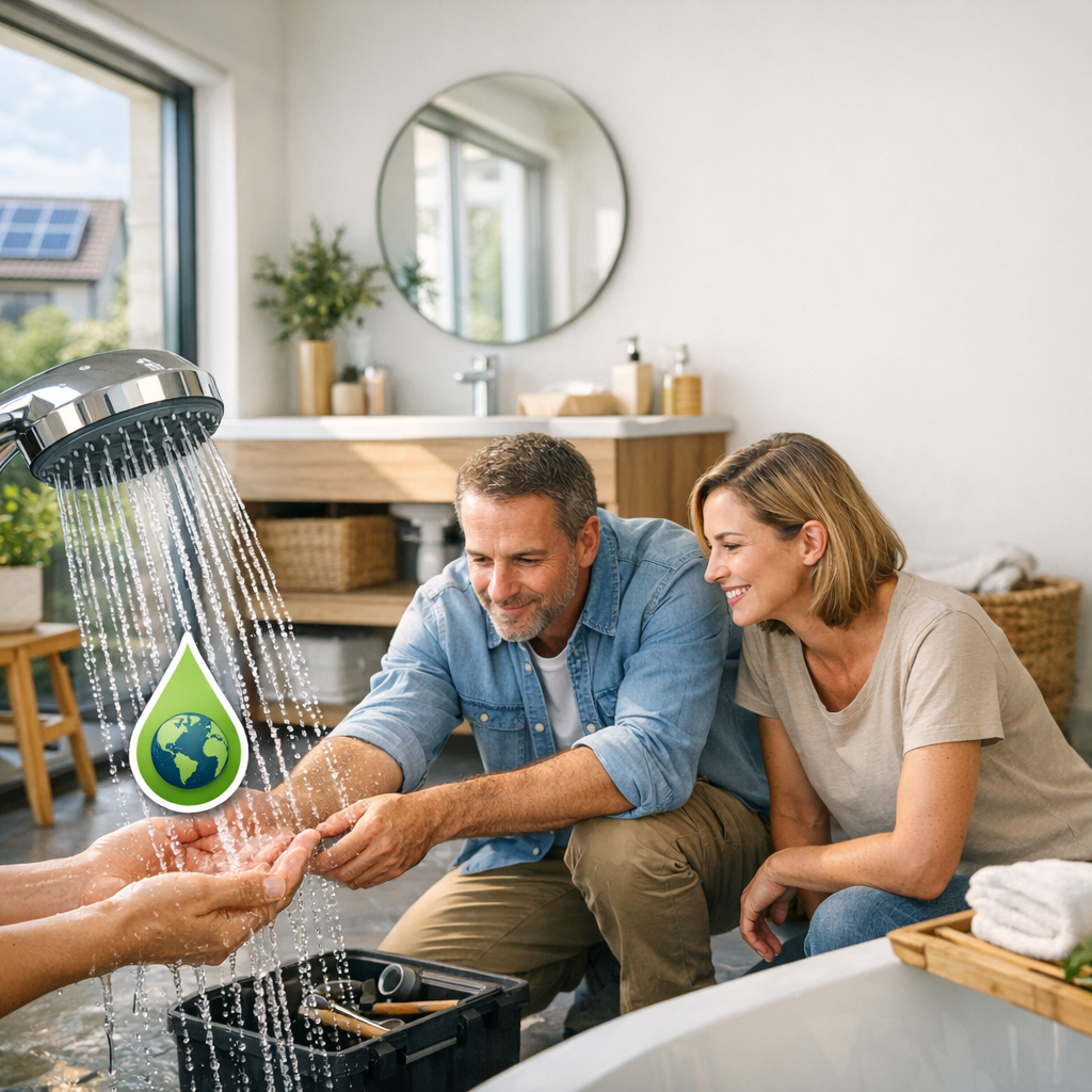 A woman and a man are kneeling on the floor of a modern bathroom, looking at water flowing from a showerhead while holding hands, with a graphic of a water drop and a globe overlay.