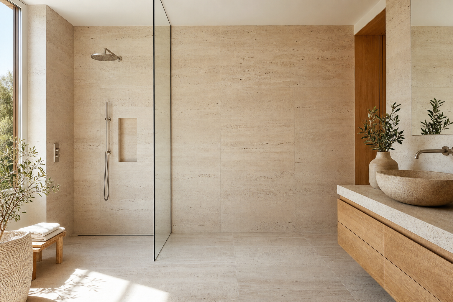 Salle de bains en travertin au style naturel inspiré de malo les bains