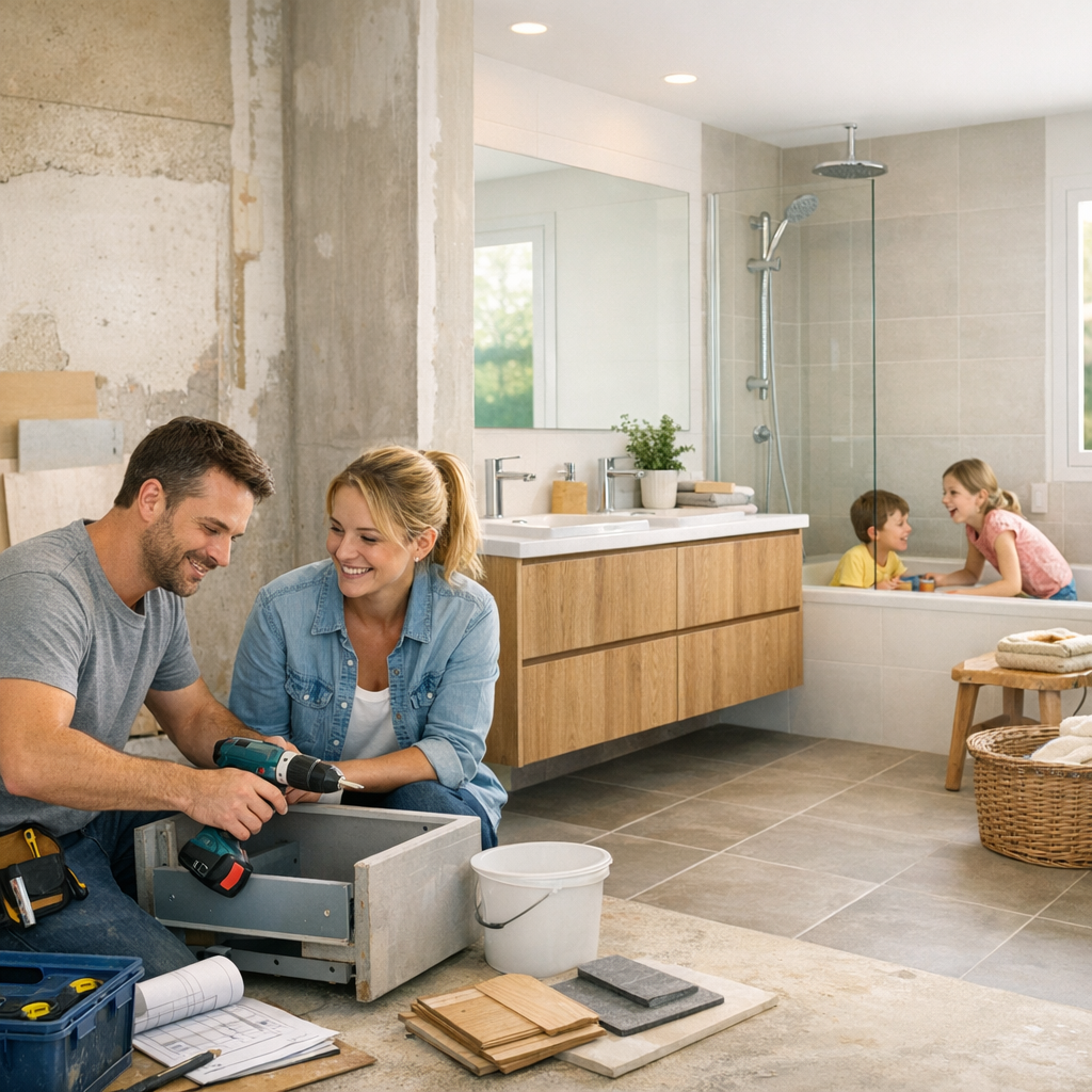 A man and woman work together on a bathroom renovation, while two children play in a bathtub nearby.