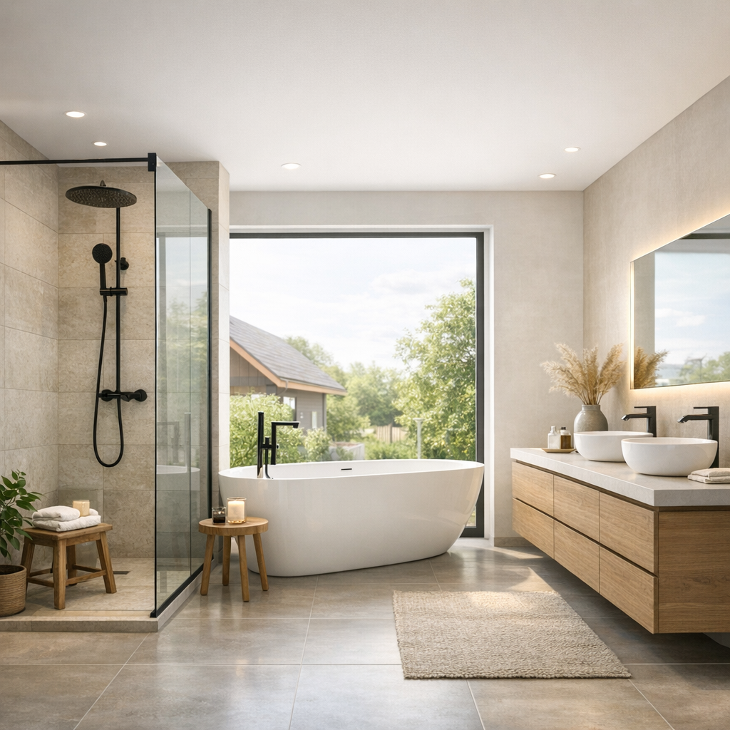 A modern bathroom featuring a glass shower, freestanding white bathtub, wooden vanity with sinks, and large windows with views of greenery outside.