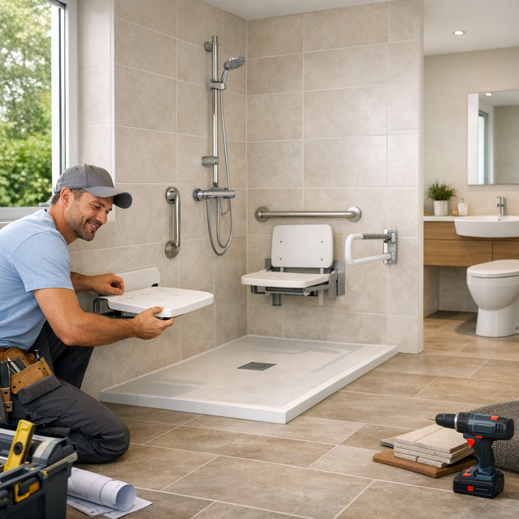A man installs a shower seat in a modern bathroom with grab bars and a walk-in shower.