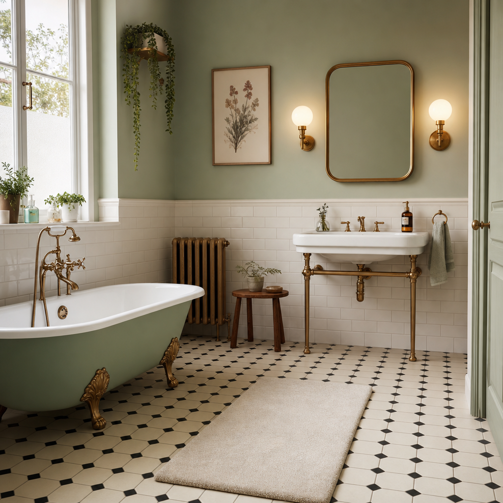 A vintage-style bathroom features a freestanding tub, a pedestal sink with brass fixtures, a round mirror, and greenery, with patterned tile flooring.