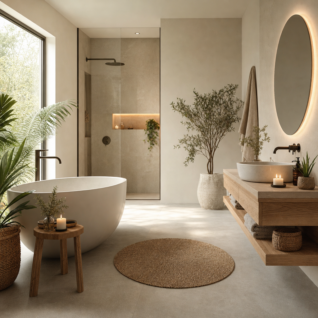 A modern bathroom featuring a freestanding white bathtub, large shower with glass doors, wooden vanity with plants, and natural lighting from a window.
