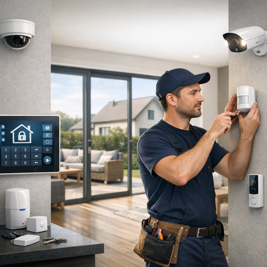 A technician installs a security sensor on a wall in a modern home with various security devices and large windows in the background.