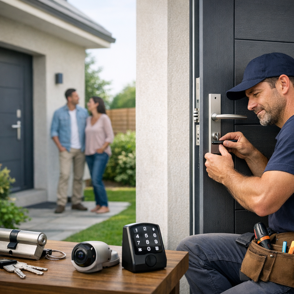 A locksmith installs a door lock while a couple stands in the background, smiling at each other.