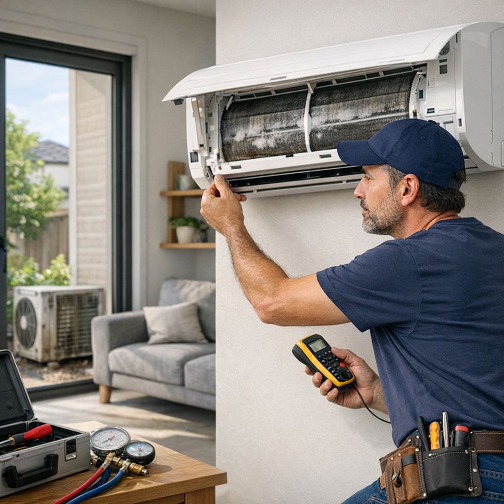 A technician inspects an air conditioning unit mounted on the wall while holding a digital measuring device.