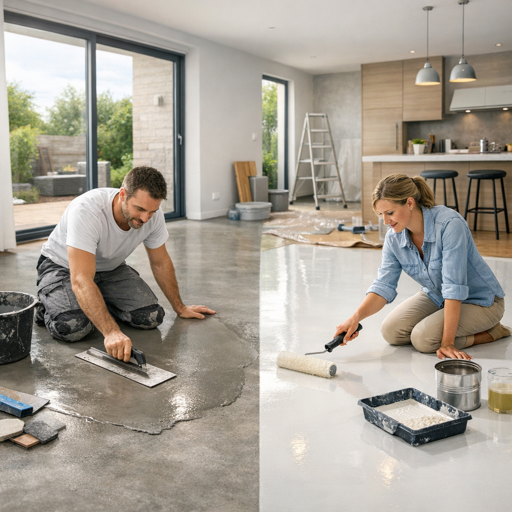 A man is smoothing out wet concrete on the left while a woman is painting a floor with a roller on the right, both in a modern interior space.