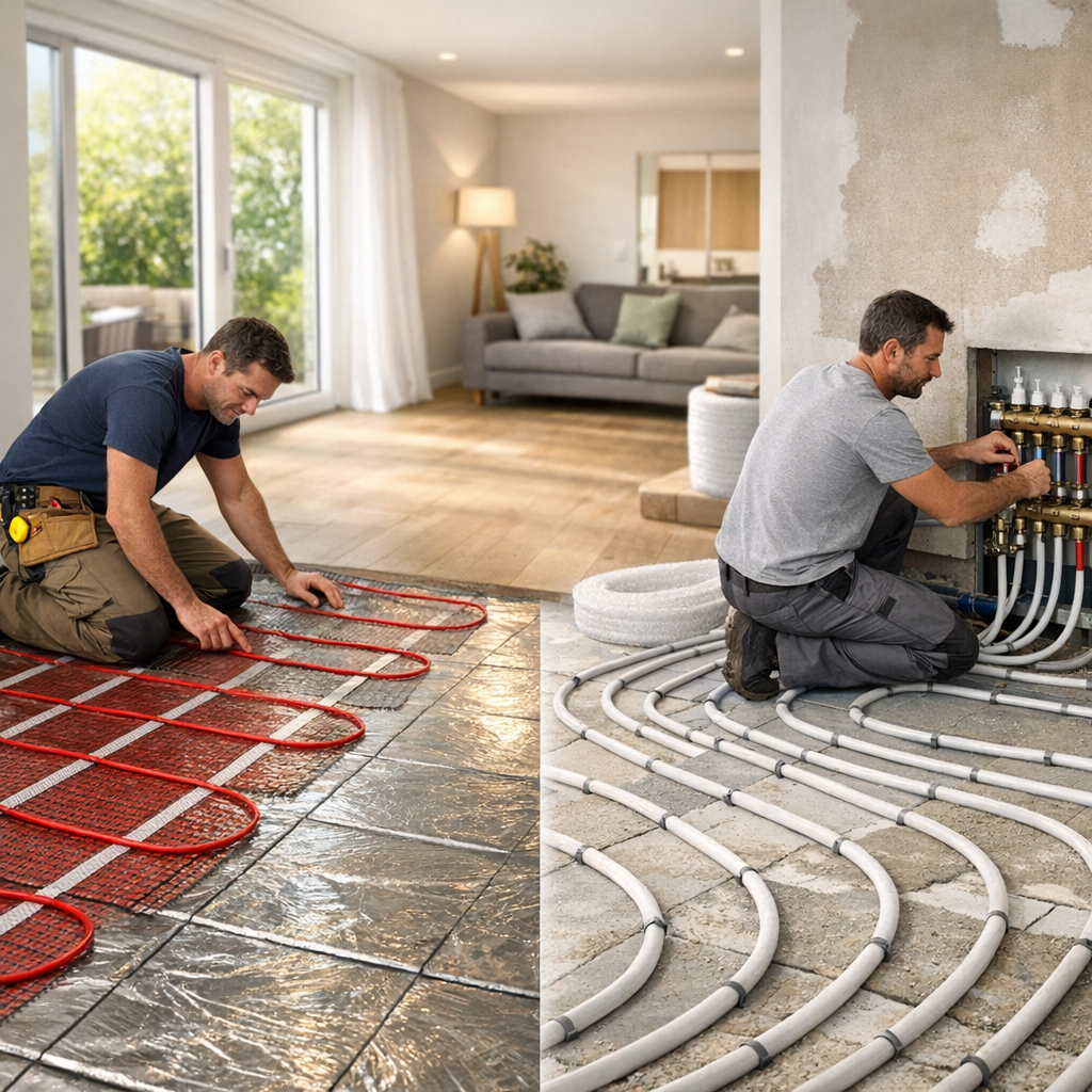 A technician installs radiant heating cables on the left and connects tubing to a manifold on the right in a home setting.