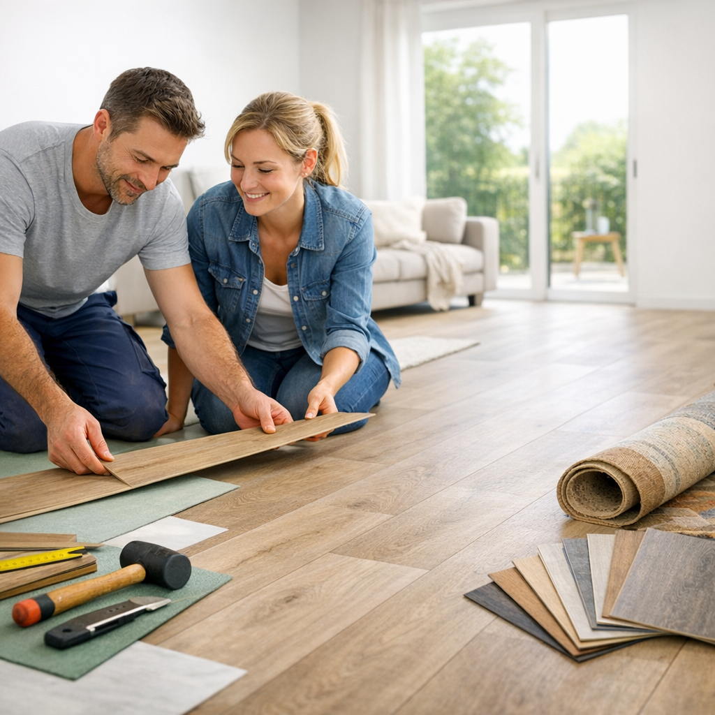 A man and woman are kneeling on the floor, working together to lay down laminate flooring while tools and samples are visible nearby.