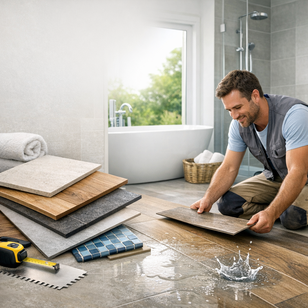 A man is kneeling on a bathroom floor, holding a tile sample, with various tile samples stacked beside him and water splashing on the floor.