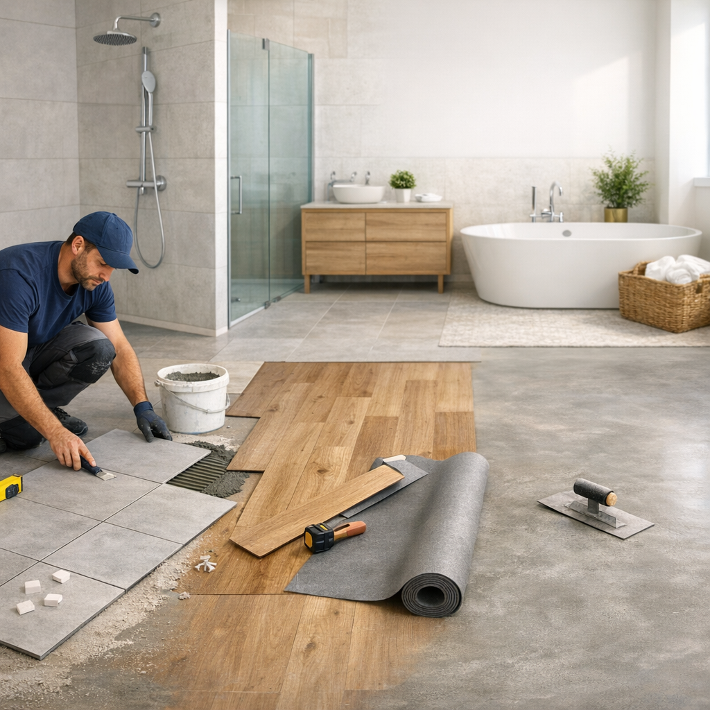 A worker is installing tiles in a modern bathroom with a soaking tub, glass shower, and wooden vanity.