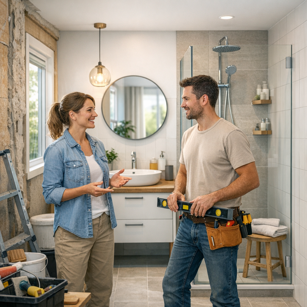 A woman and a man converse in a modern bathroom, with a mirror and shower visible, while tools and supplies are nearby.
