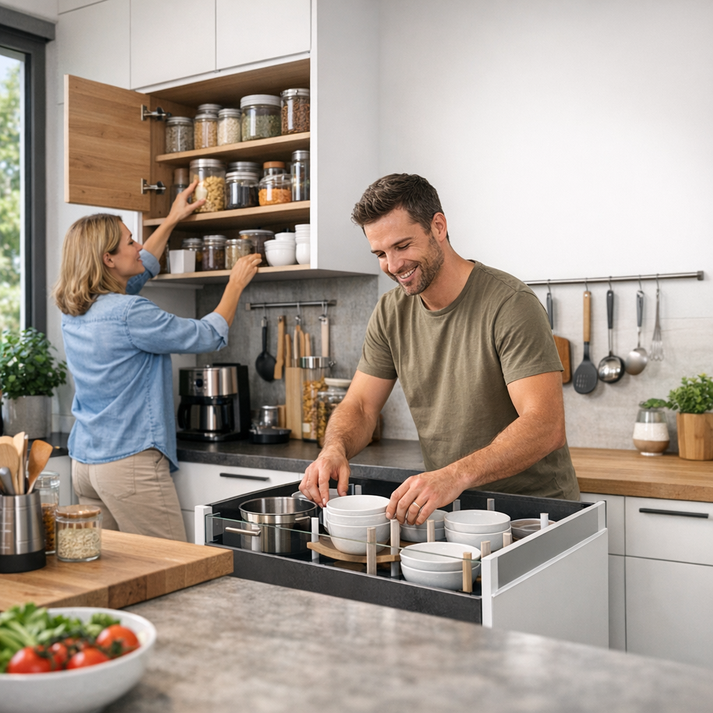 A man organizes bowls in a kitchen while a woman reaches for jars on a high shelf.