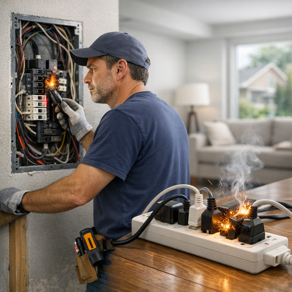 An electrician inspects a circuit breaker box while a power strip behind him sparks and emits smoke.