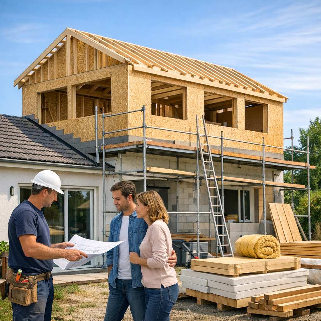 A construction worker discusses plans with a couple in front of a house under renovation, with scaffolding and building materials visible nearby.