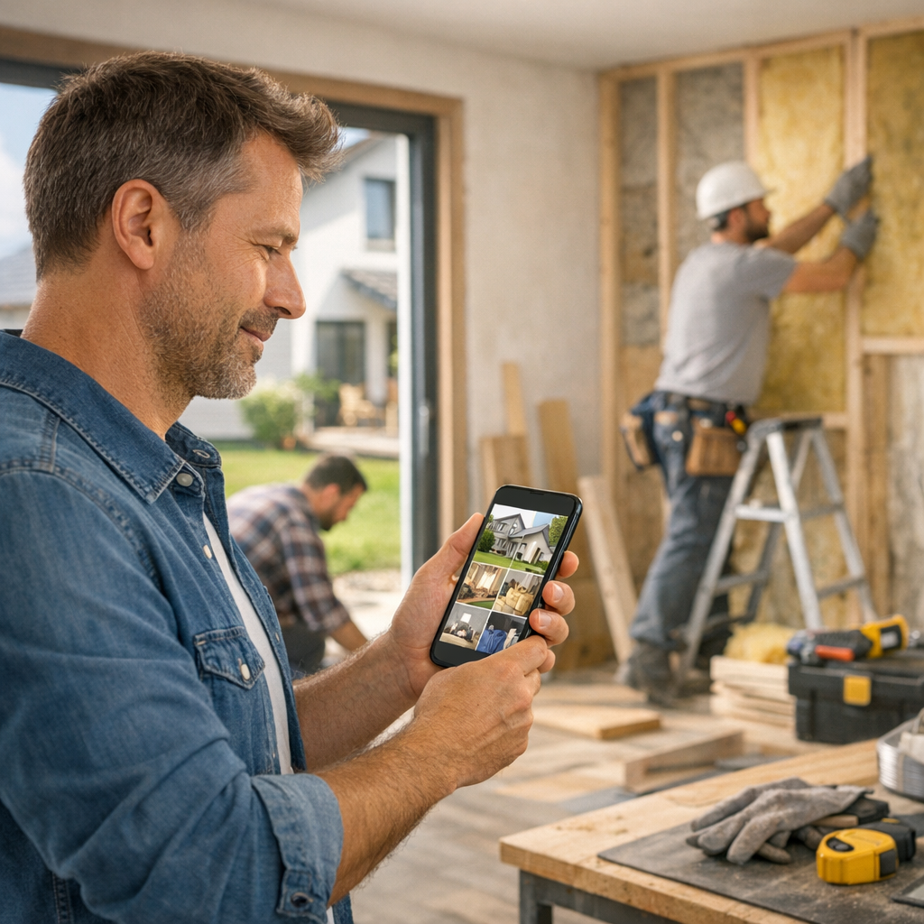 A man in a blue shirt holds a smartphone displaying images while two workers renovate a room in the background.