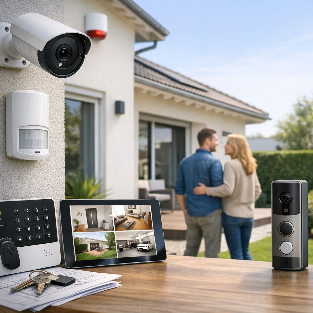 A couple embraces outdoors near a security camera and a smart doorbell, with a tablet displaying surveillance images on a wooden table.