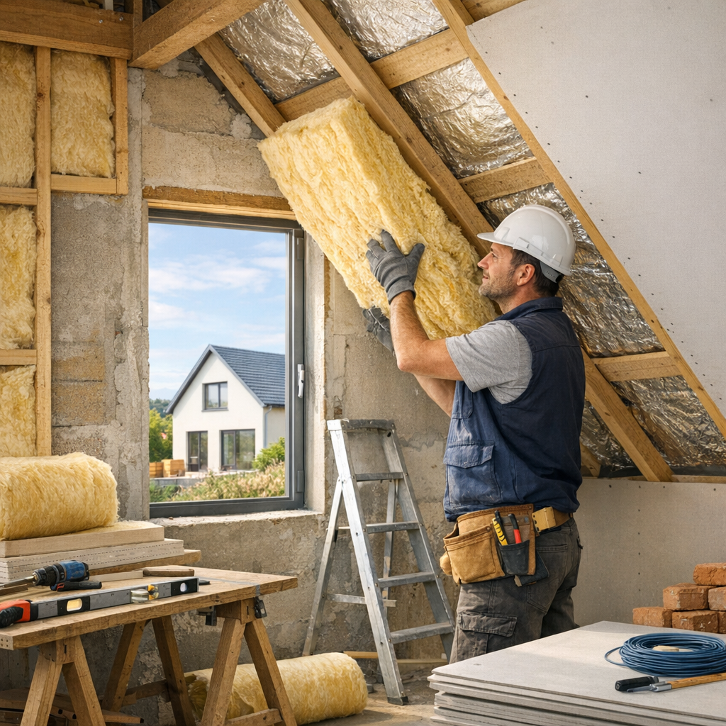 A construction worker in a hard hat is installing insulation in a wall, with tools and materials around him and a house visible through the window.