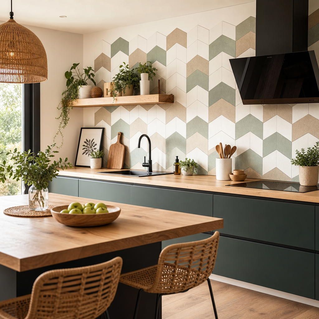 A modern kitchen featuring a wooden countertop, green cabinetry, a chevron-patterned wall with plants, and a round table holding a bowl of apples.