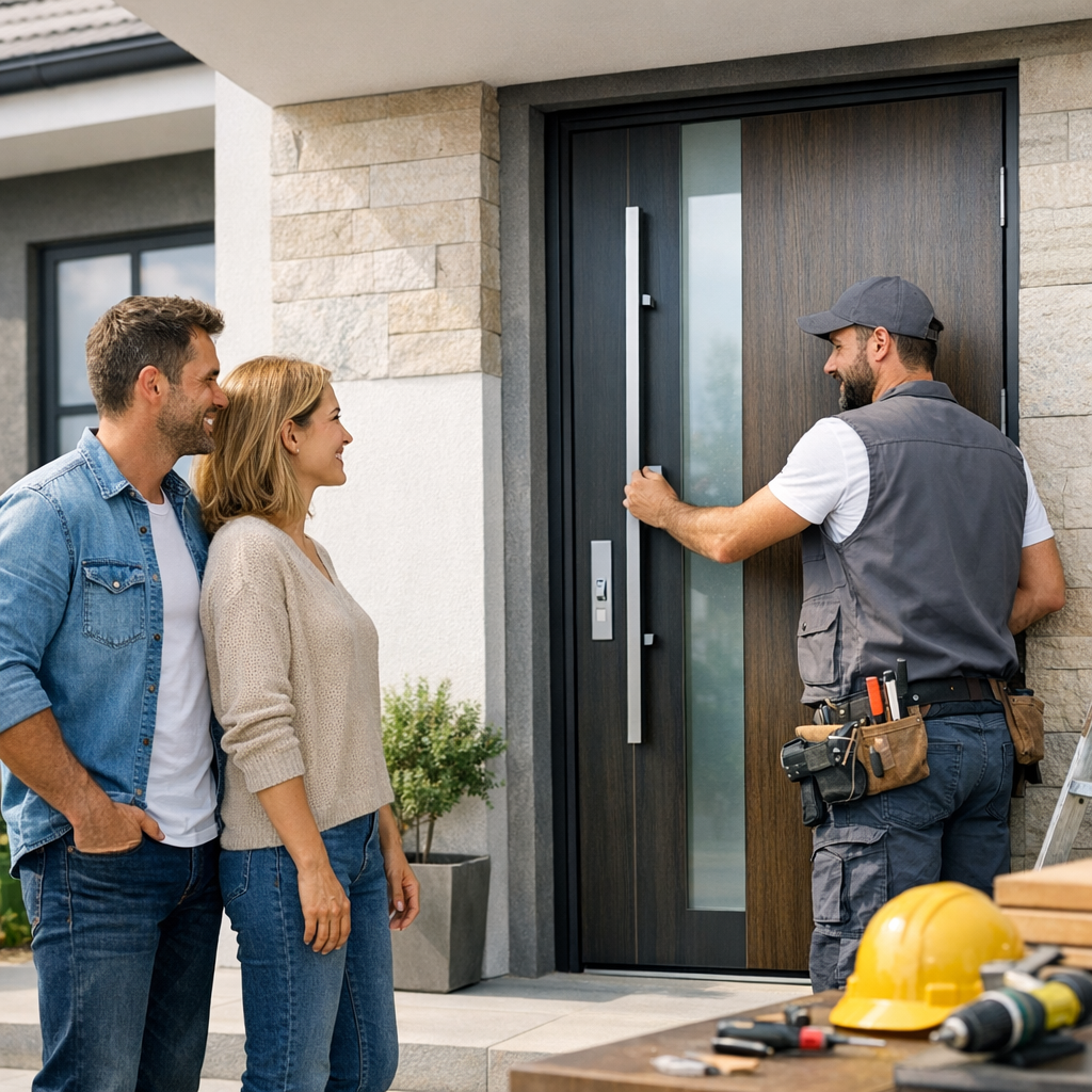 A couple watches as a maintenance worker approaches their front door.