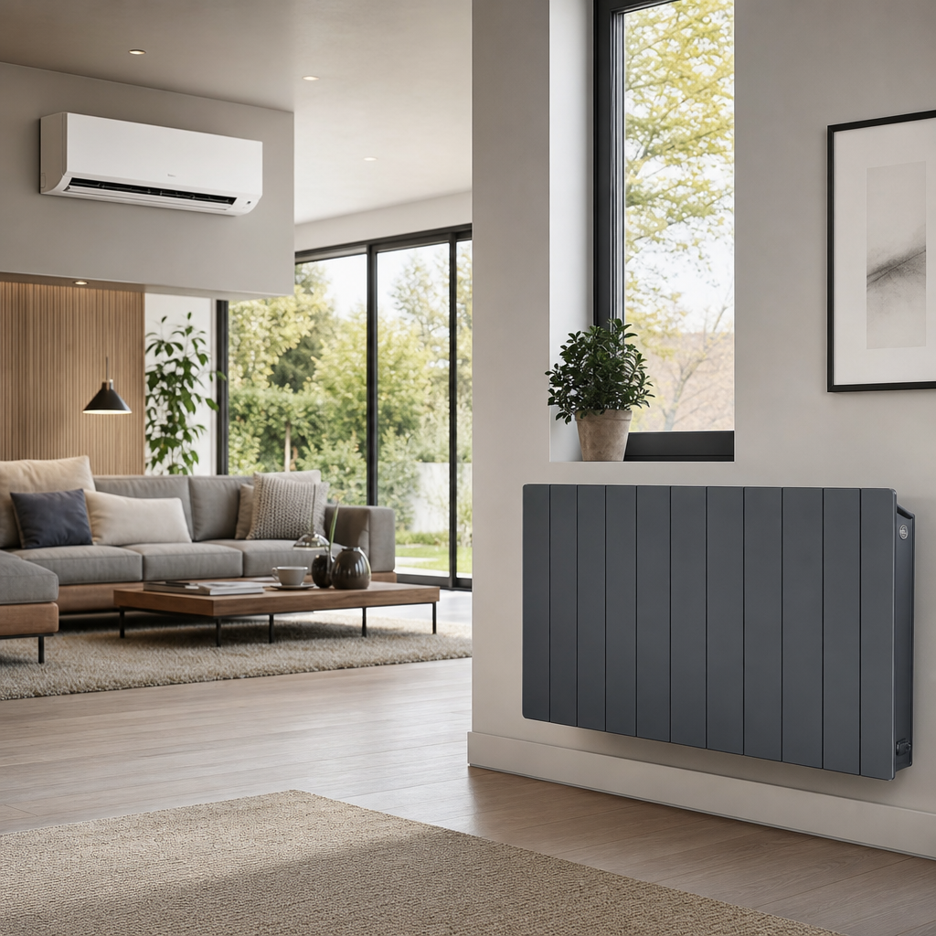 A modern living room features a gray radiator on the wall, a cozy sofa, a wooden coffee table, and large windows letting in natural light.
