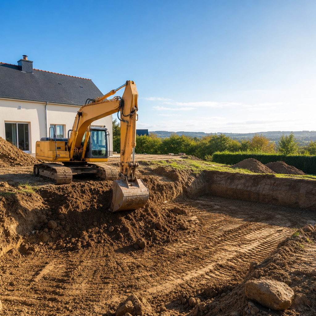 A yellow excavator is digging a foundation on a plot of land near a house under a clear blue sky.