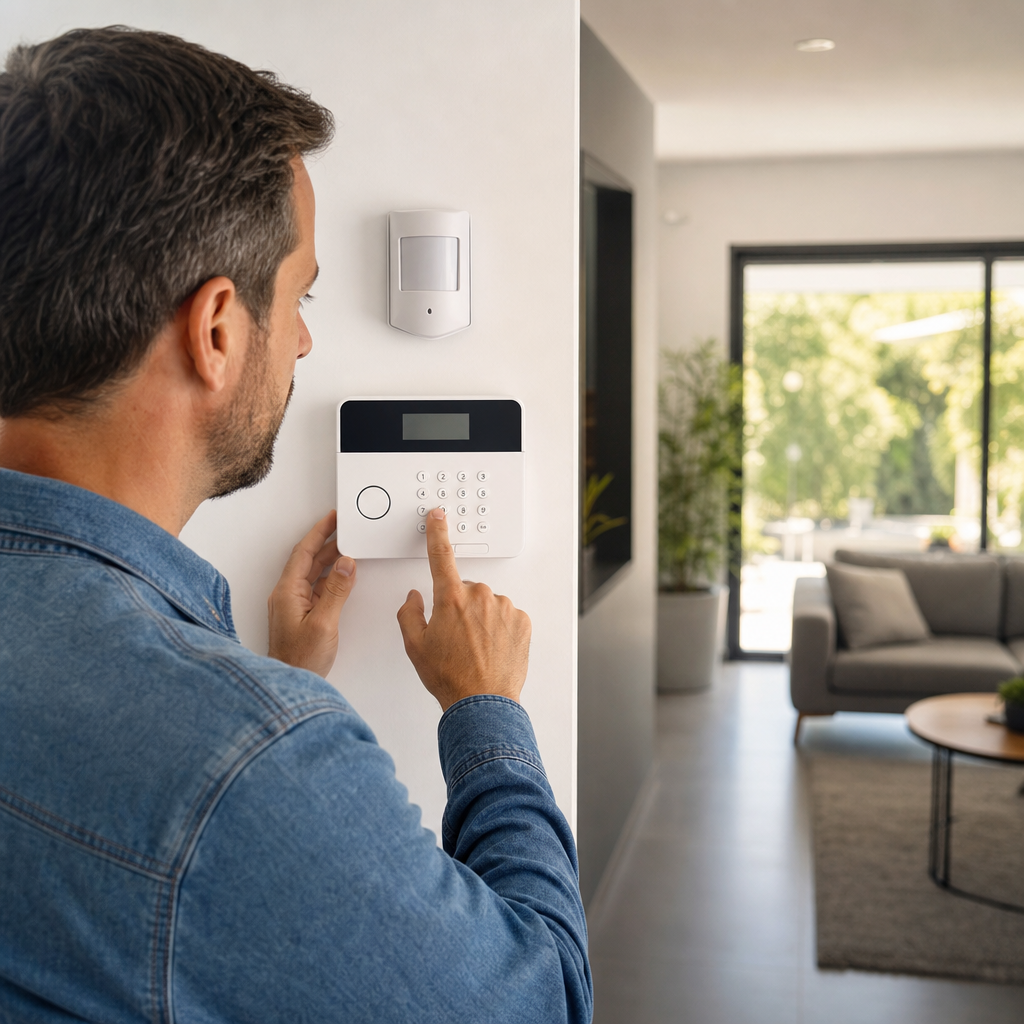 A man in a denim jacket is entering a code on a modern security keypad mounted on the wall in a brightly lit living room.