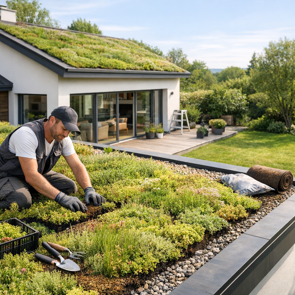 A man wearing gloves plants greenery on a living roof of a house surrounded by lush landscaping.