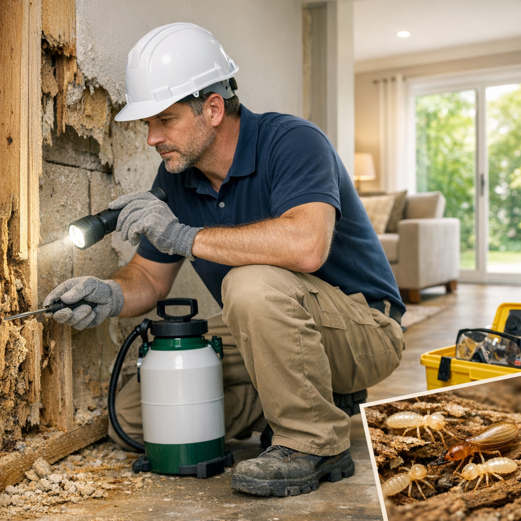 A pest control technician inspects damaged wood in a home while using a flashlight and a pest control sprayer, with a close-up of termites in the corner.