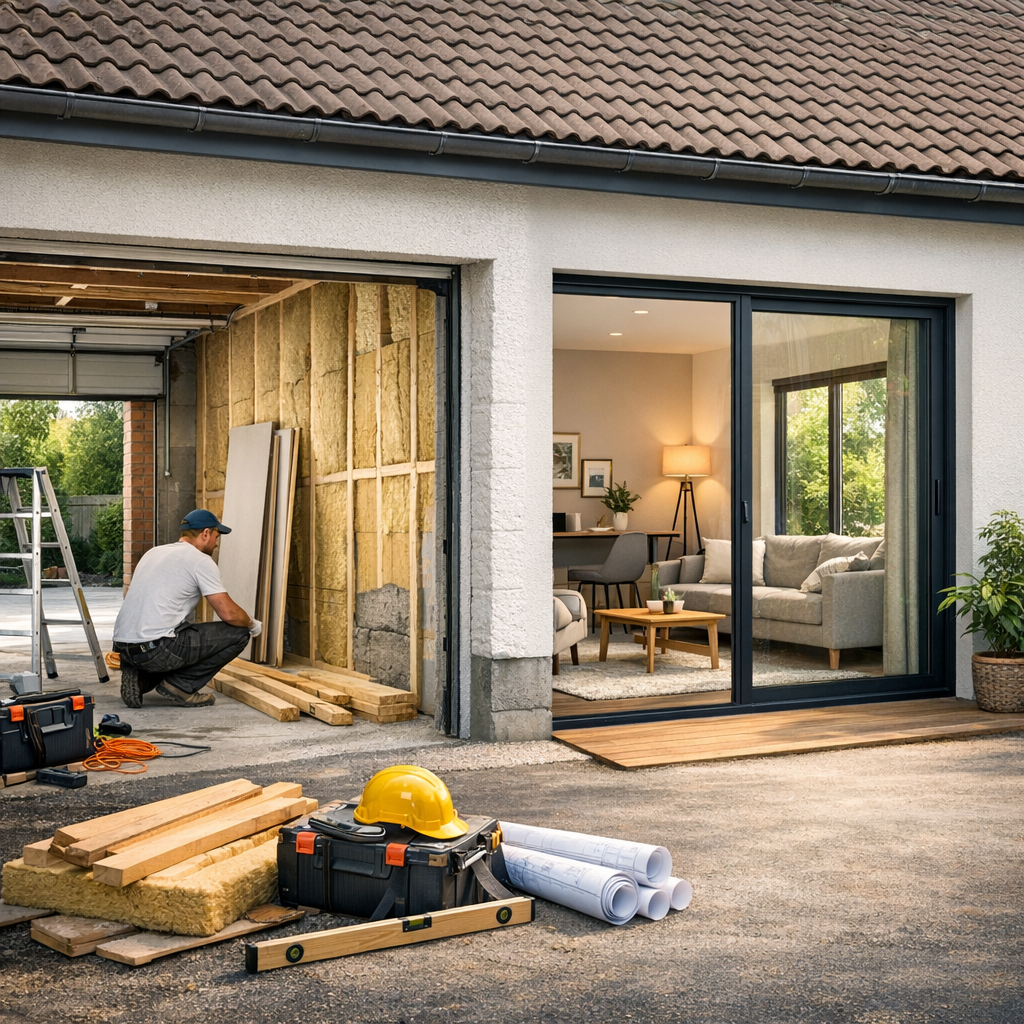 A construction worker kneels on the ground beside wooden planks and tools in front of a partially open garage leading into a modern living room.