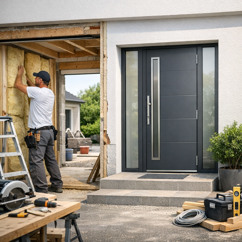 A construction worker installs insulation in an opening beside a modern front door under renovation.