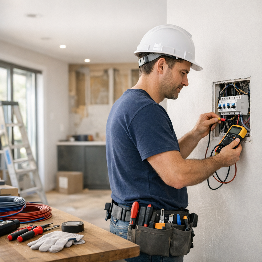 An electrician in a hard hat uses a multimeter to test wires inside an electrical panel while standing in a partially renovated room.