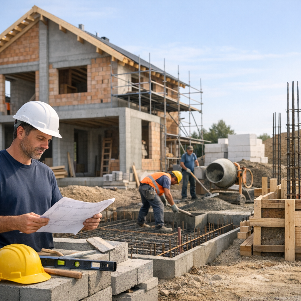 A construction worker in a hard hat reviews plans while two colleagues work on a concrete foundation at a building site.