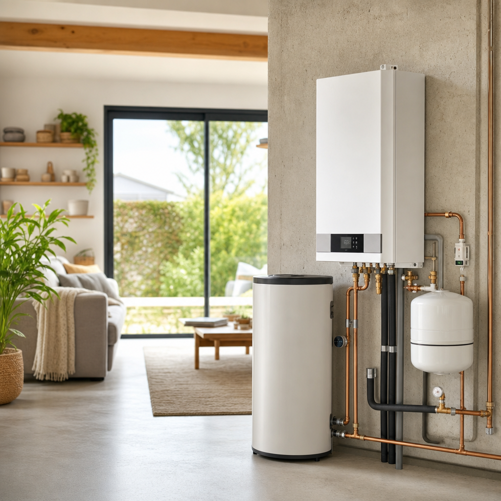 A modern indoor space featuring a white water heater mounted on a concrete wall, copper piping, and a cylindrical water tank beside it, with a cozy seating area and greenery in the background.