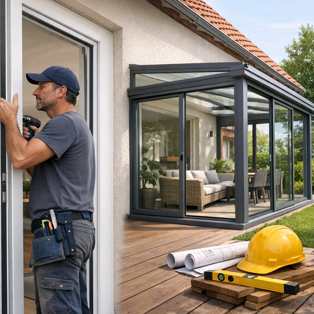 A man installs a sliding glass door at a house with a patio, while construction tools and plans are visible in the foreground.