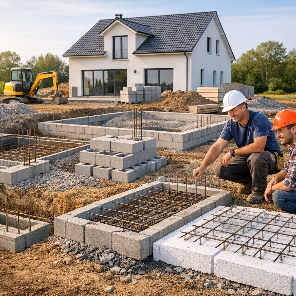 Two construction workers in hard hats inspect concrete foundations and rebar at a building site, with a house under construction in the background.