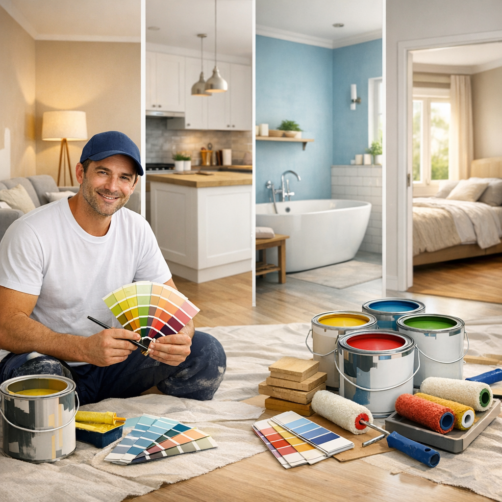 A smiling man holds paint swatches while seated on the floor surrounded by paint cans, rollers, and wood boards, with views of different painted rooms in the background.